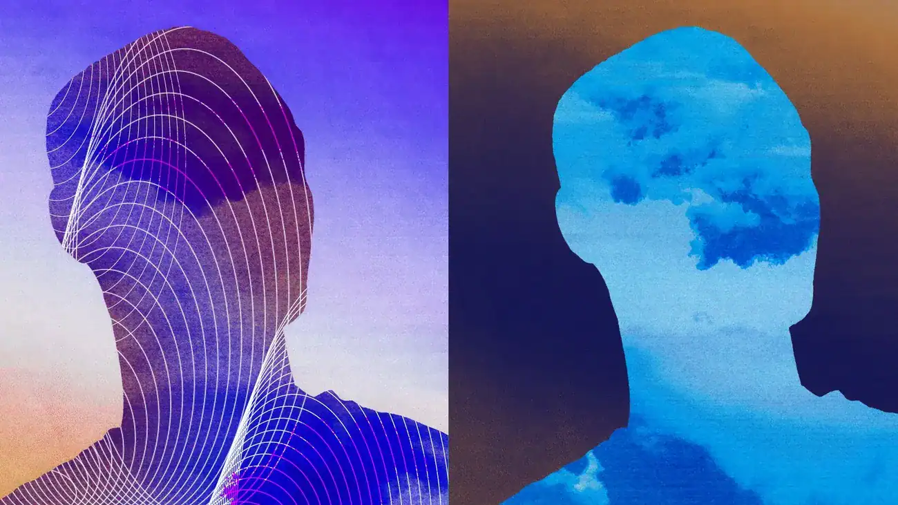 Two abstract human profiles filled with sky and wave patterns, symbolizing music's mental health crisis awareness by Pitchfork.
