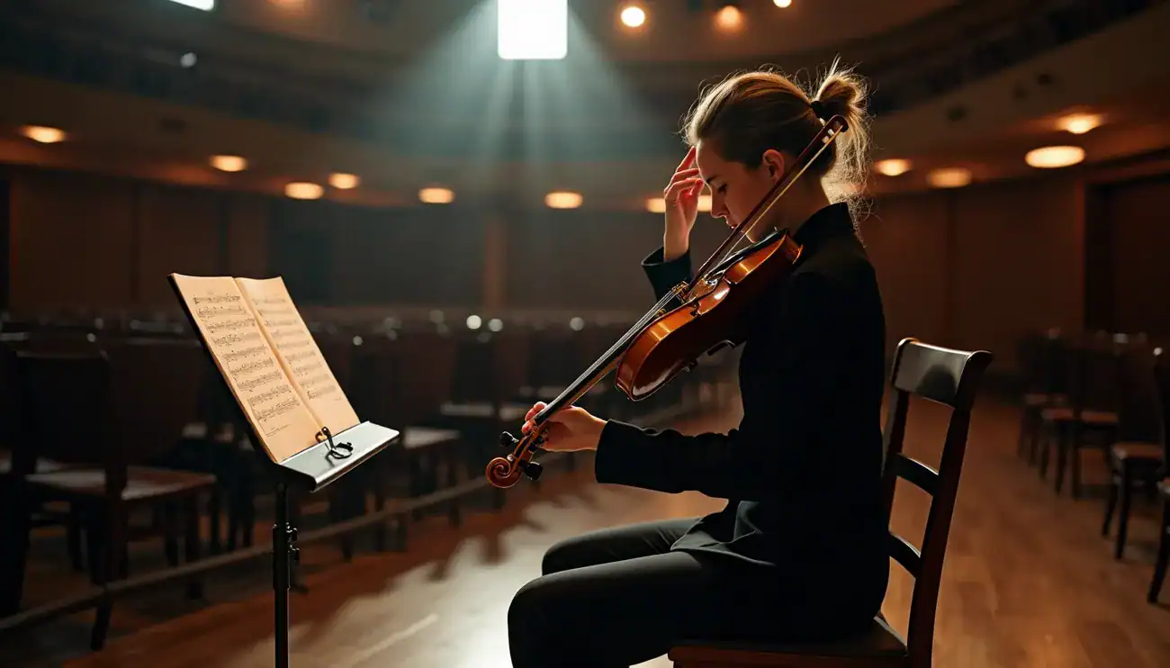 Violinist sitting alone in an empty concert hall, practicing with sheet music under a spotlight.