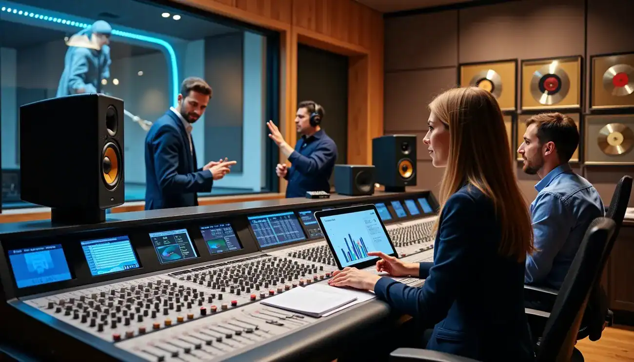 Profesionales colaboran en un estudio de grabación con consola de mezcla y gráficos digitales, rodeados de discos de oro en la pared.