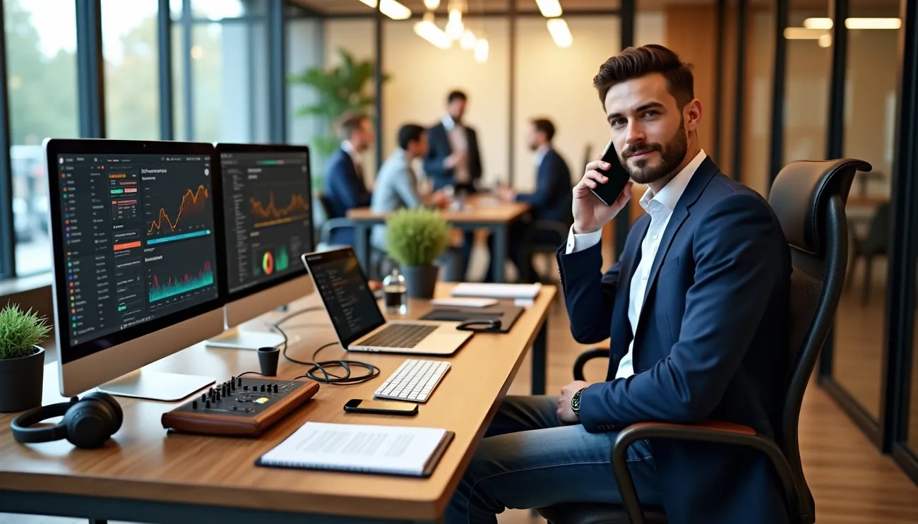 Music manager in a modern office analyzing financial data on multiple screens while talking on the phone.