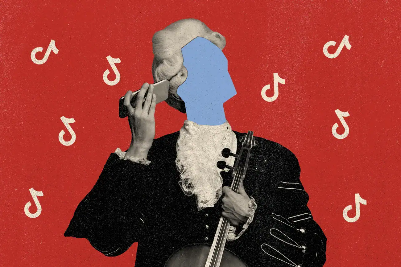 A classical musician with a blue faceless head holds a smartphone and cello, surrounded by TikTok logos on a red background.
