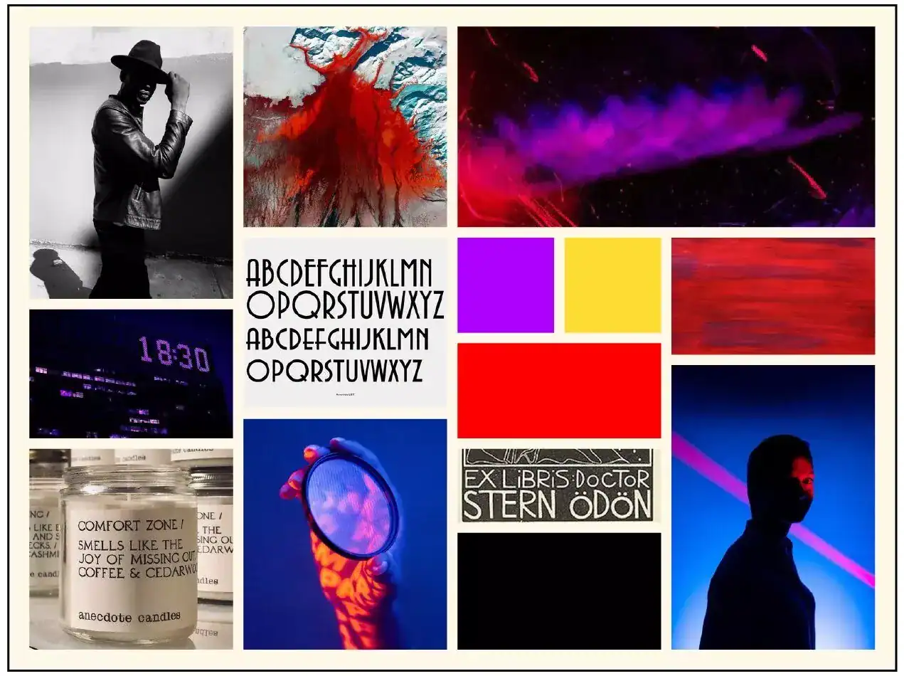 Collage featuring art, typography, color swatches, and creative photos illustrating artist branding concepts.