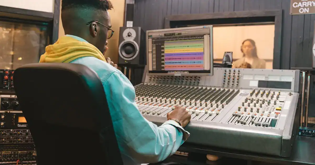 A music producer works attentively at an audio mixing console in a recording studio.