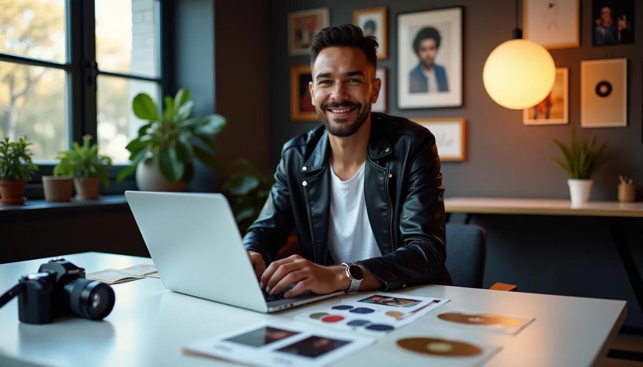 Music artist working on branding designs at a desk with laptop, camera, and color samples in a stylish studio.