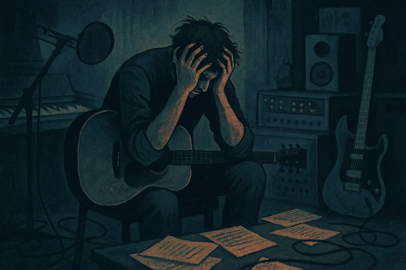 A musician sits in a dim studio, holding his head in frustration amid scattered sheet music and instruments.