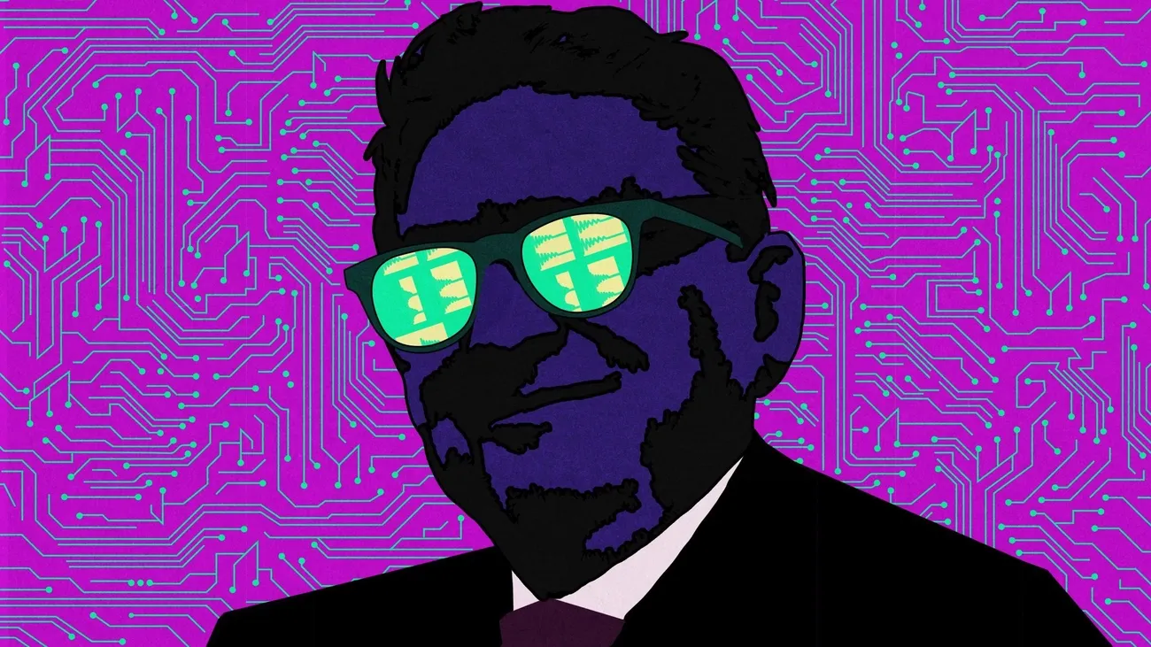 Illustration of a man in a suit with green glasses against a purple circuit board background.