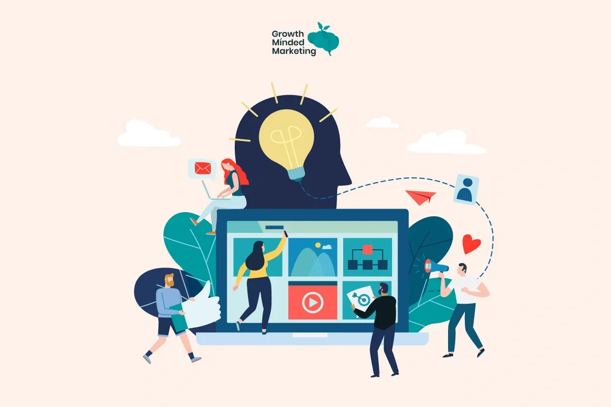Ilustración de un equipo creando una estrategia de contenido SEO con laptop, ideas e íconos de marketing.