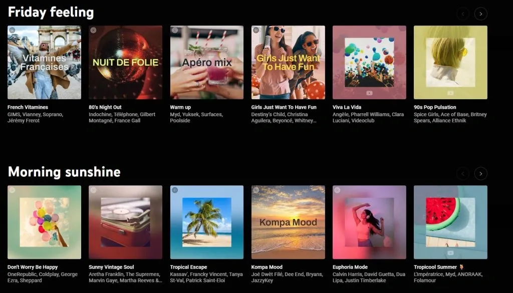 Music playlist covers displayed under 'Friday feeling' and 'Morning sunshine' categories with various artists and themes.