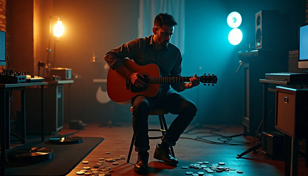 Musician playing acoustic guitar in a dim studio with scattered coins symbolizing the music streaming industry's struggles.