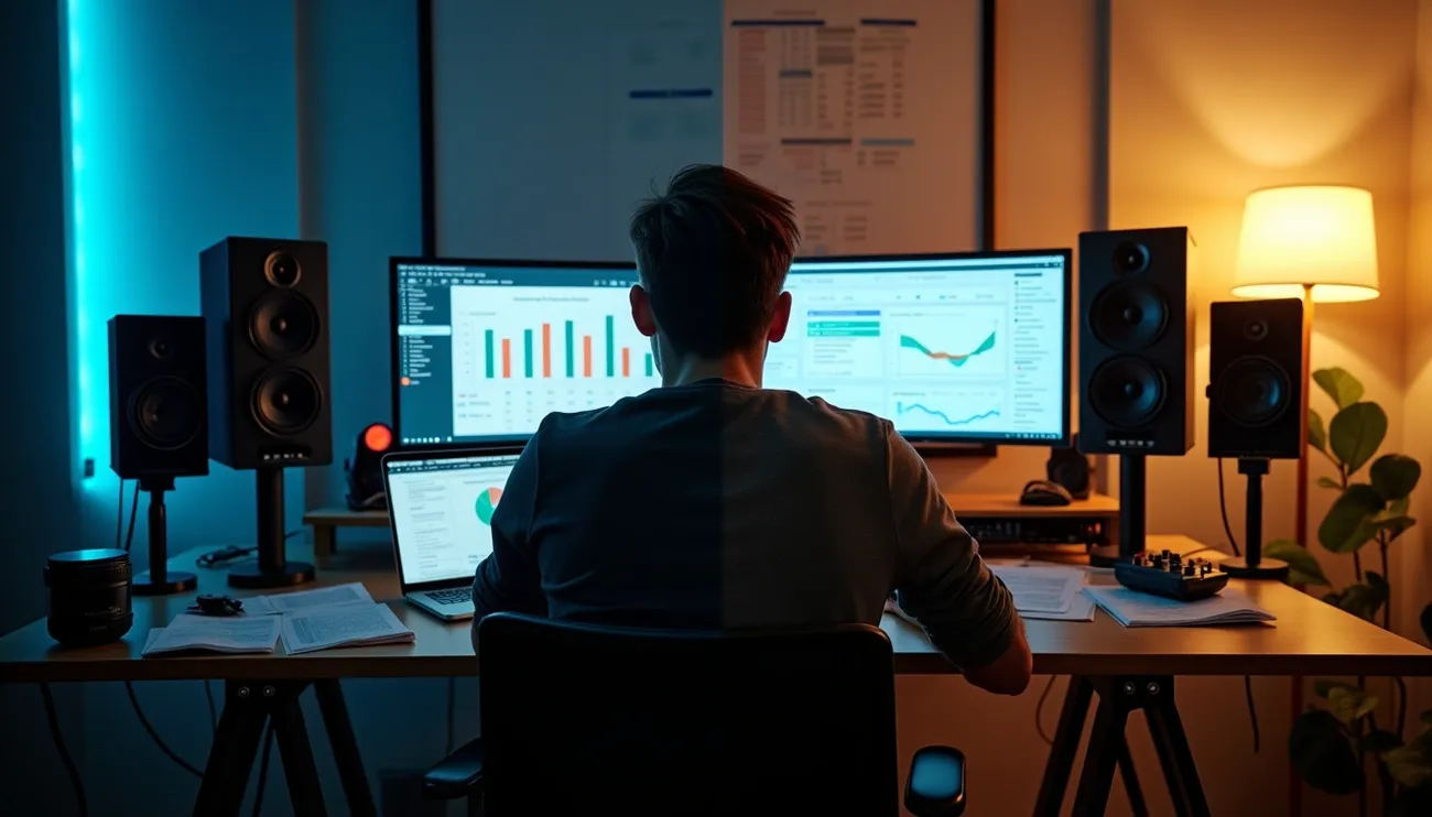 Persona analizando datos de marketing musical en múltiples pantallas en un estudio con iluminación azul y naranja