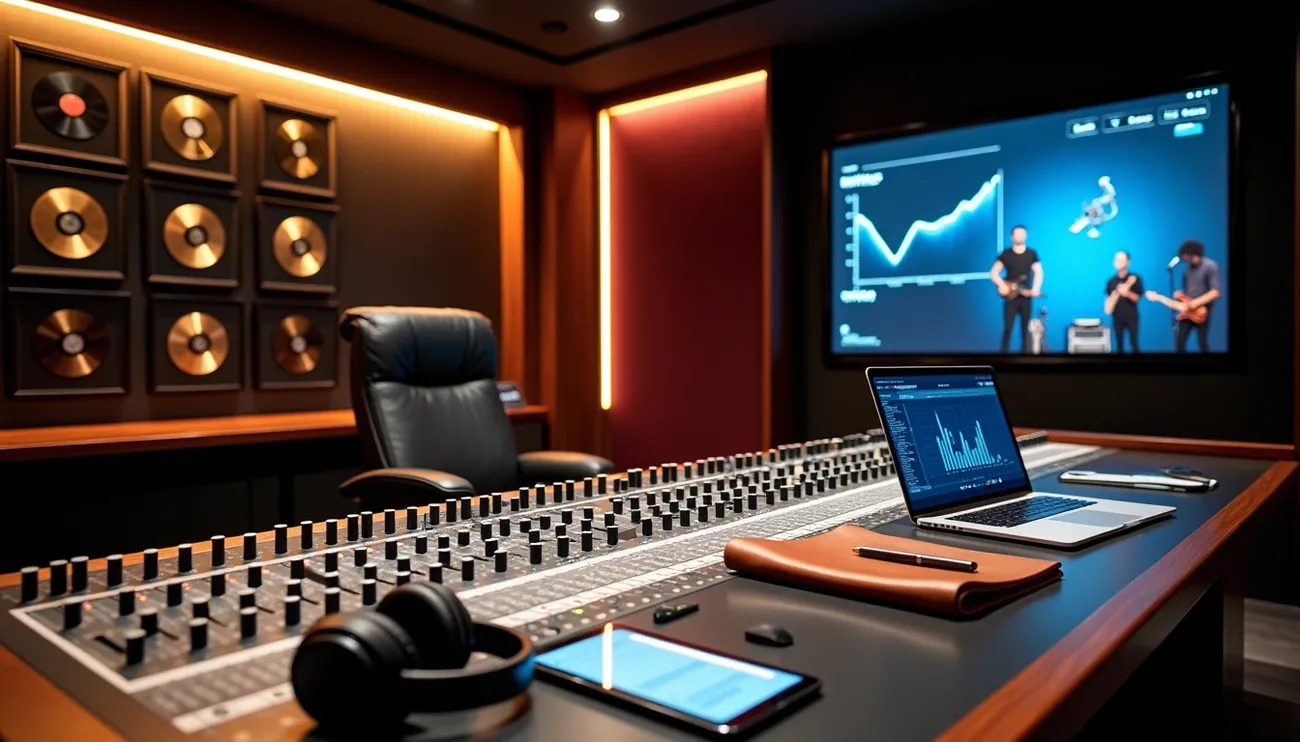 Modern music studio with mixing console, laptop showing data, headphones, and gold records on the wall.