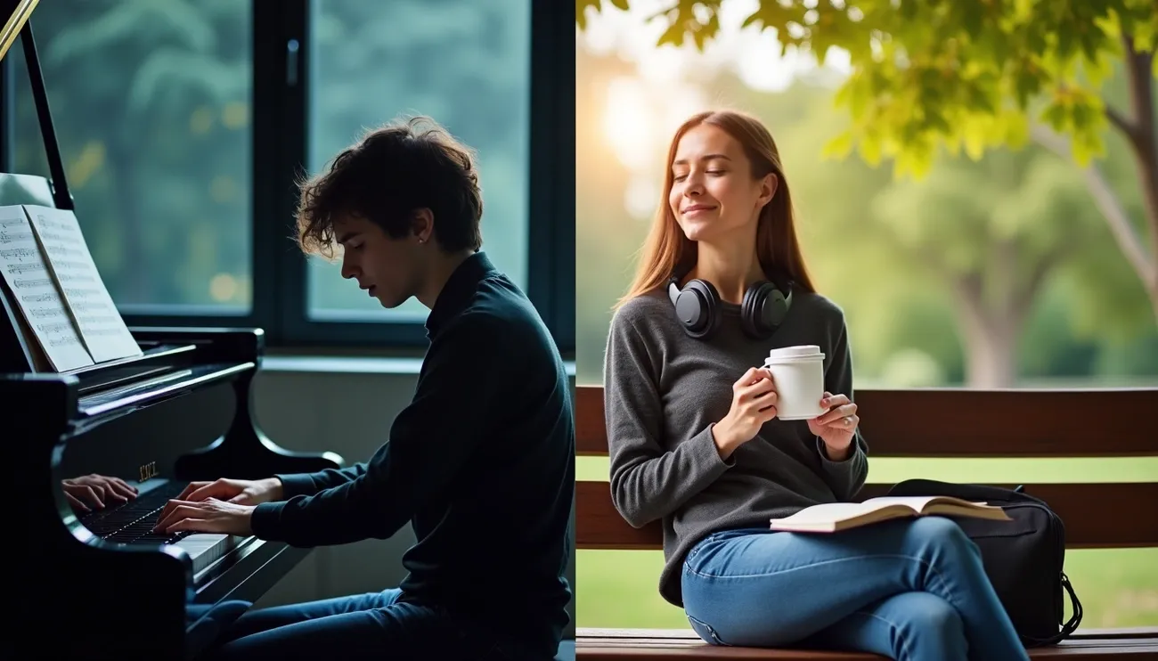 Young man playing piano indoors while young woman with headphones drinks coffee and reads on park bench outdoors