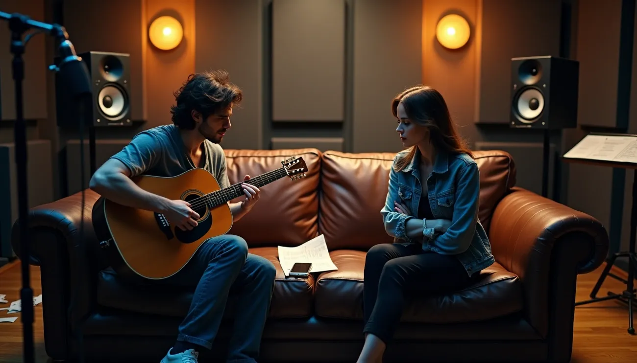 Two musicians sit on a leather couch in a studio, one playing guitar while the other listens with crossed arms.