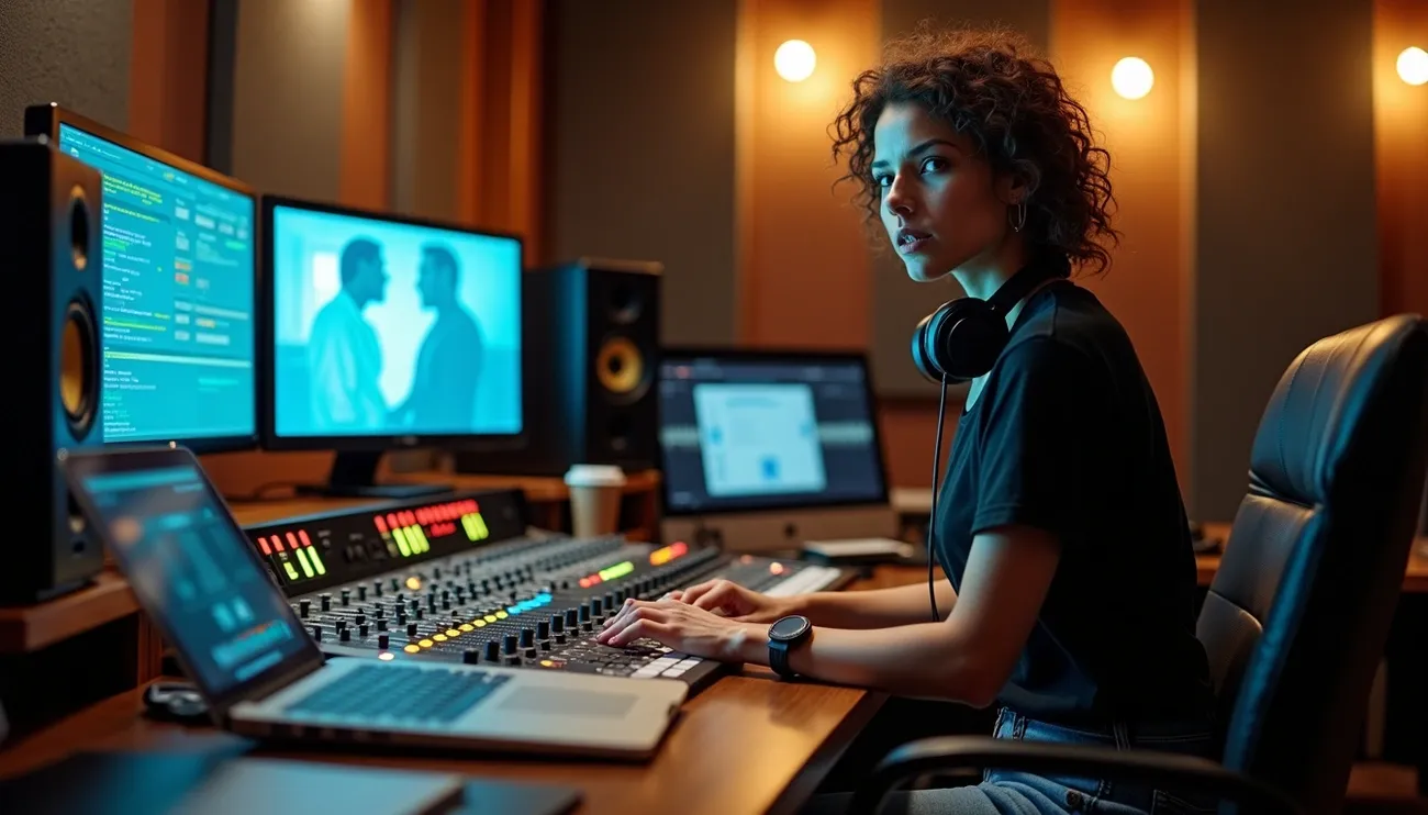 Woman working at a sound mixing console in a professional music studio surrounded by multiple screens and equipment.