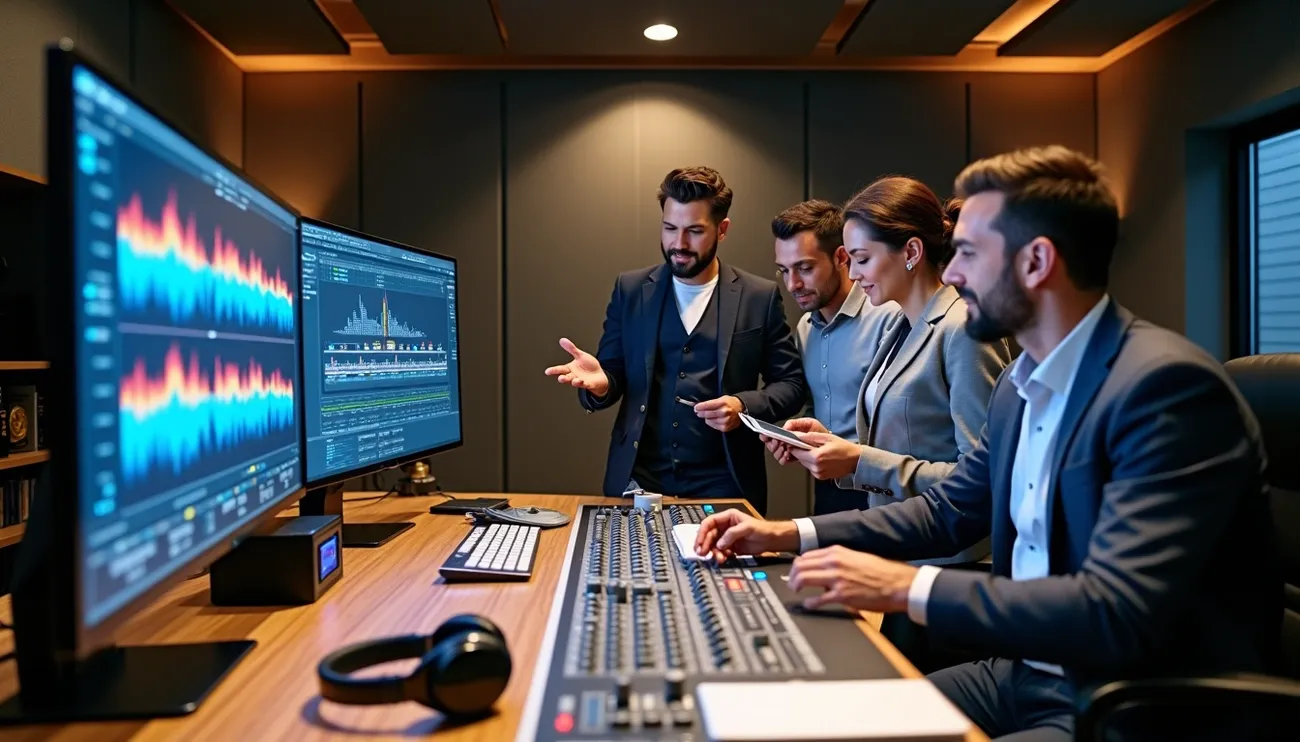 A team of professionals in a recording studio analyzing music data on dual monitors and audio mixing equipment.