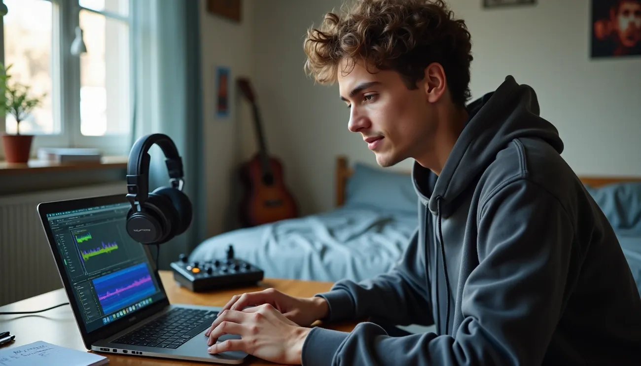 Young person working on music production at a laptop in a bedroom with headphones and a guitar nearby.