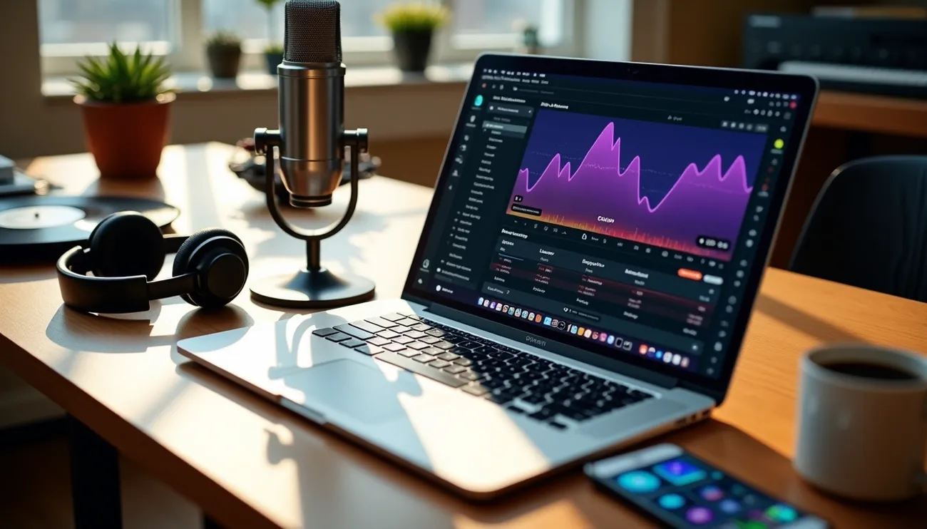 Workspace with laptop showing music analytics, a microphone, headphones, and coffee on a sunlit desk.