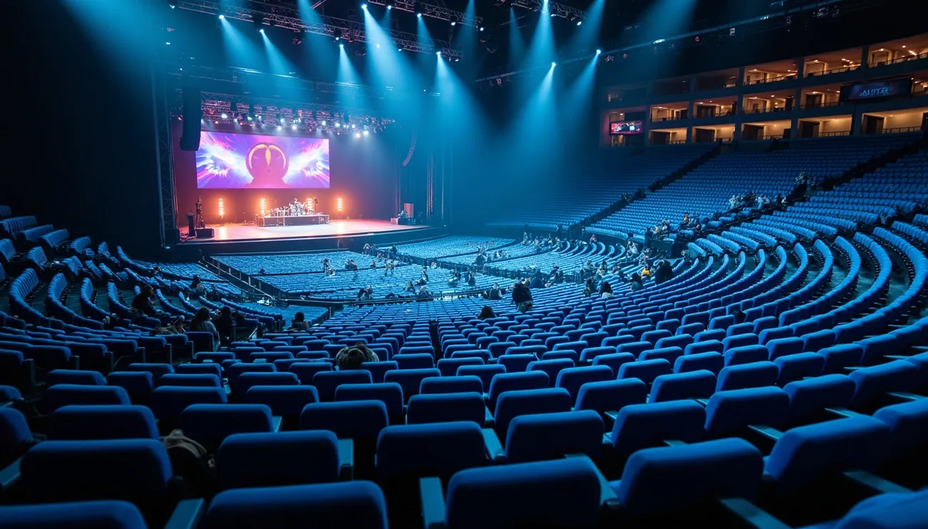 Large empty blue-seated auditorium with a brightly lit stage and few scattered people preparing for an event.