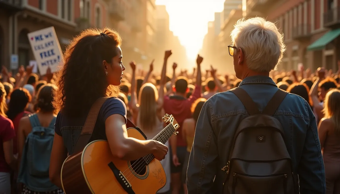 Two people with a guitar face a crowd at a protest, highlighting music's role in political activism and social change.